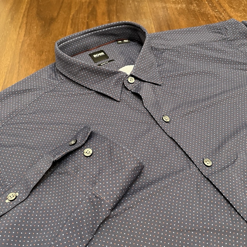 Hugo Boss Mens Sharp Fit Shirt 2XL Long Sleeve Blue Geometric
